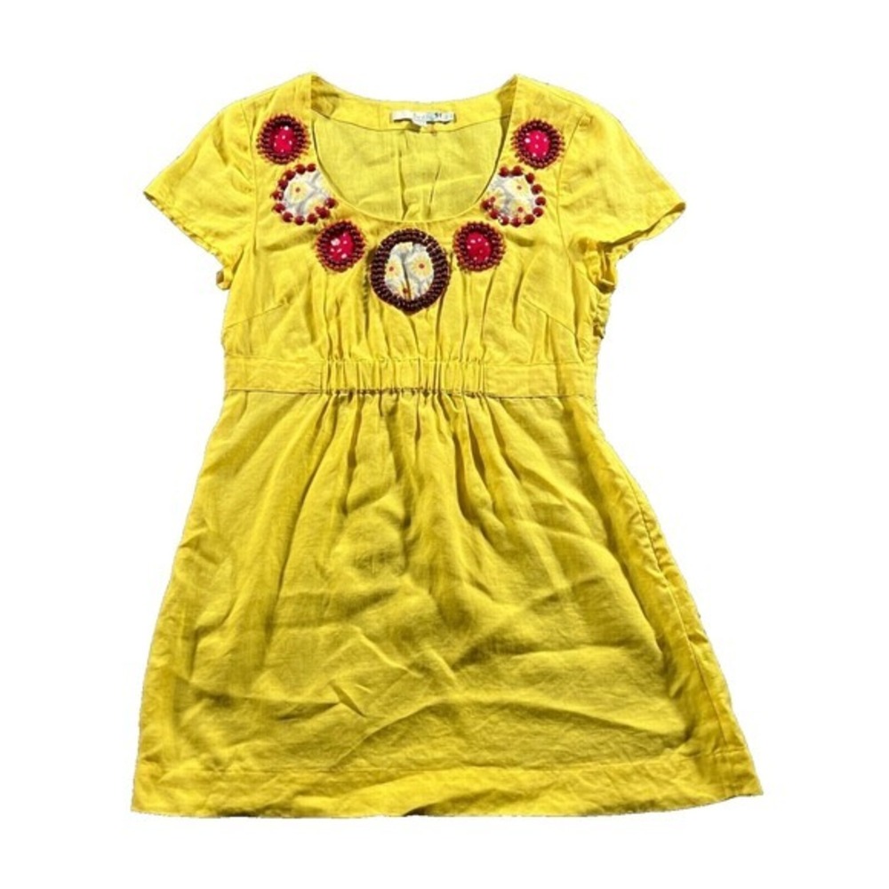 Boden Top Womens Size 6 100% Linen Embellished Beaded Boho Coastal Empire Waist‎